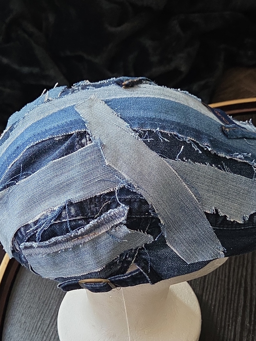 Upcycled LV Inspired Blue Patchwork Denim Newsboy Cap - Picture 6 of 8